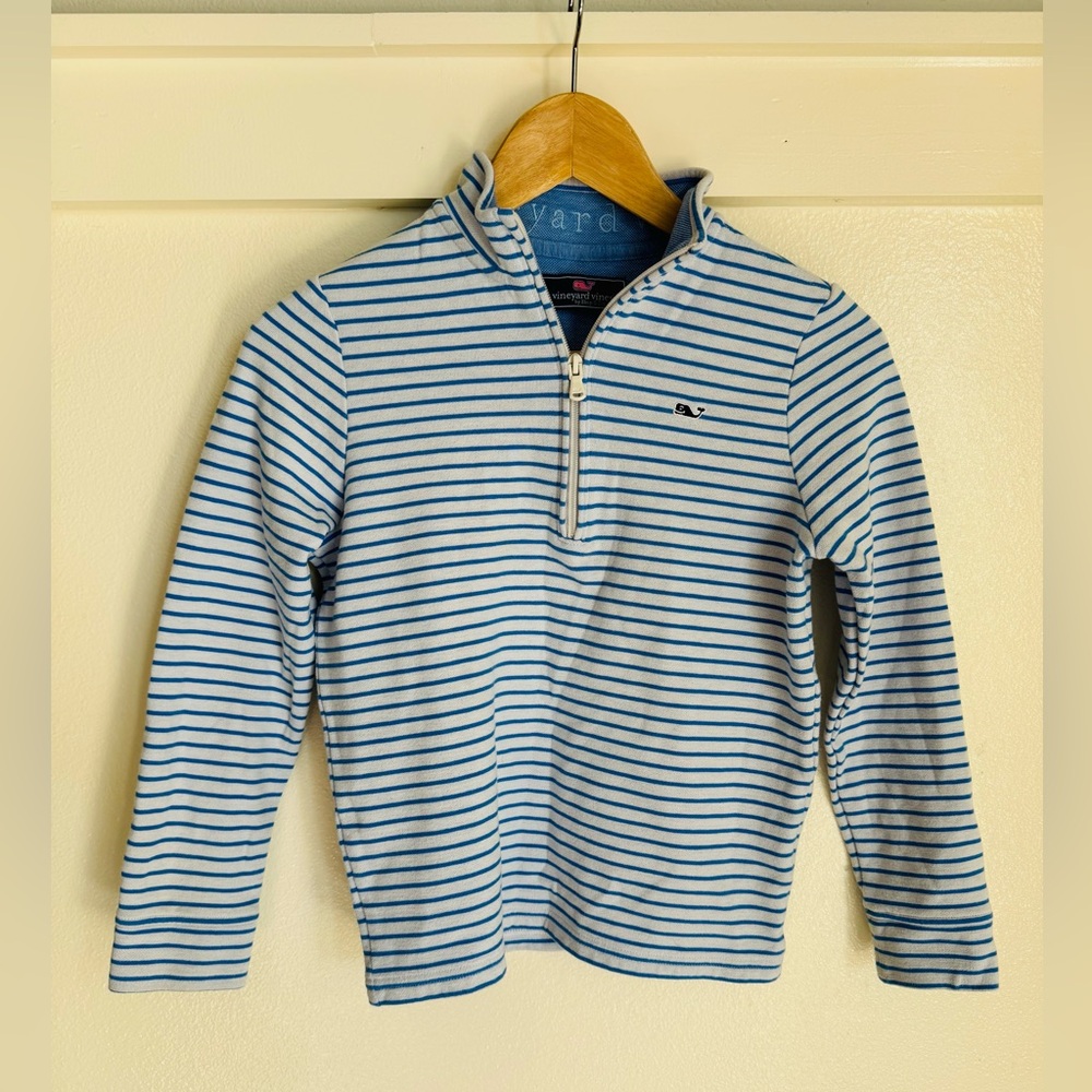 Vineyard Vines Kids Quarter Zip Pullover Blue White Stripe Whale Logo S (8–10) - Picture 2 of 9